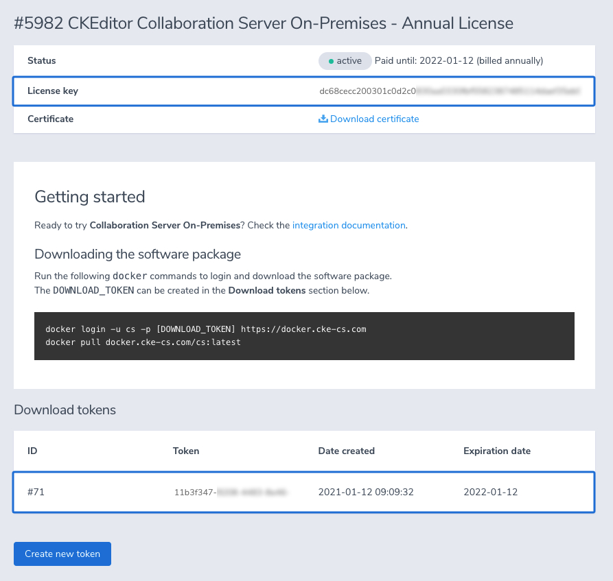 Collaboration Server On-Premises — managing the license key and docker download token.