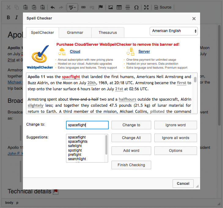 Spell Checker in the dialog window in CKEditor