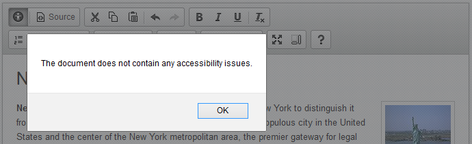 Accessibility Checker dialog shown when no issues are found