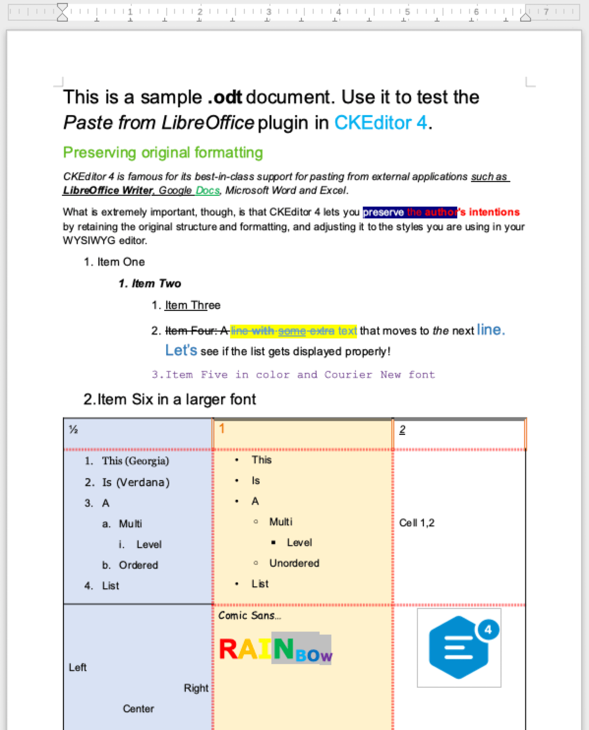 A sample LibreOffice Writer document with complex formatting and image.