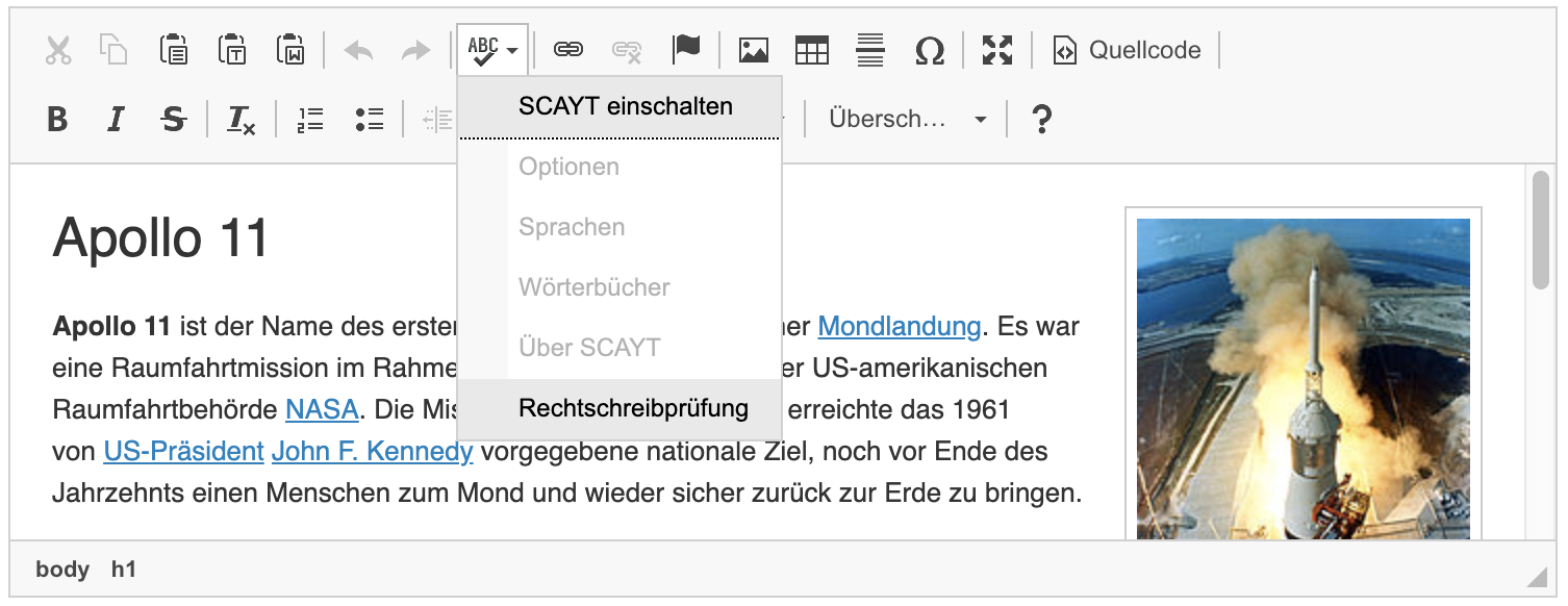 CKEditor 4 WYSIWYG editor with the UI language set to German.