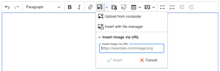 Image insert dropdown in the main editor toolbar.