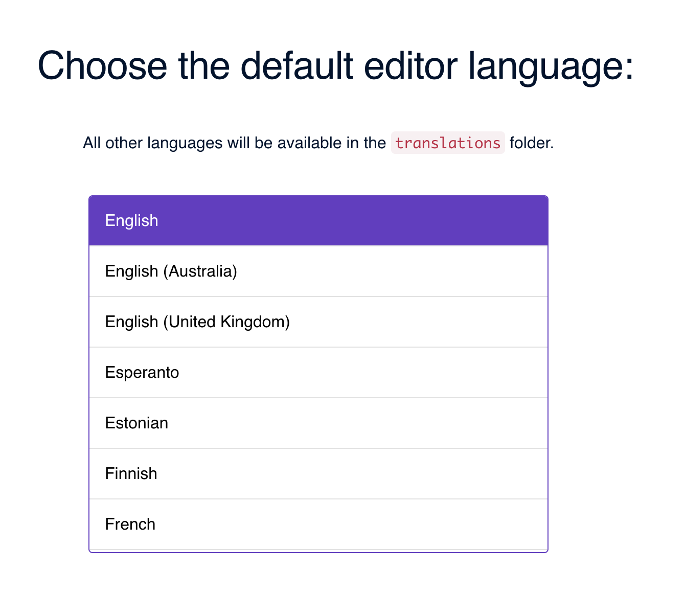 Language selector list.