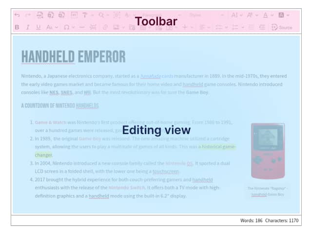 Screenshot of the editor highlighting toolbar at the top and editing view at the bottom