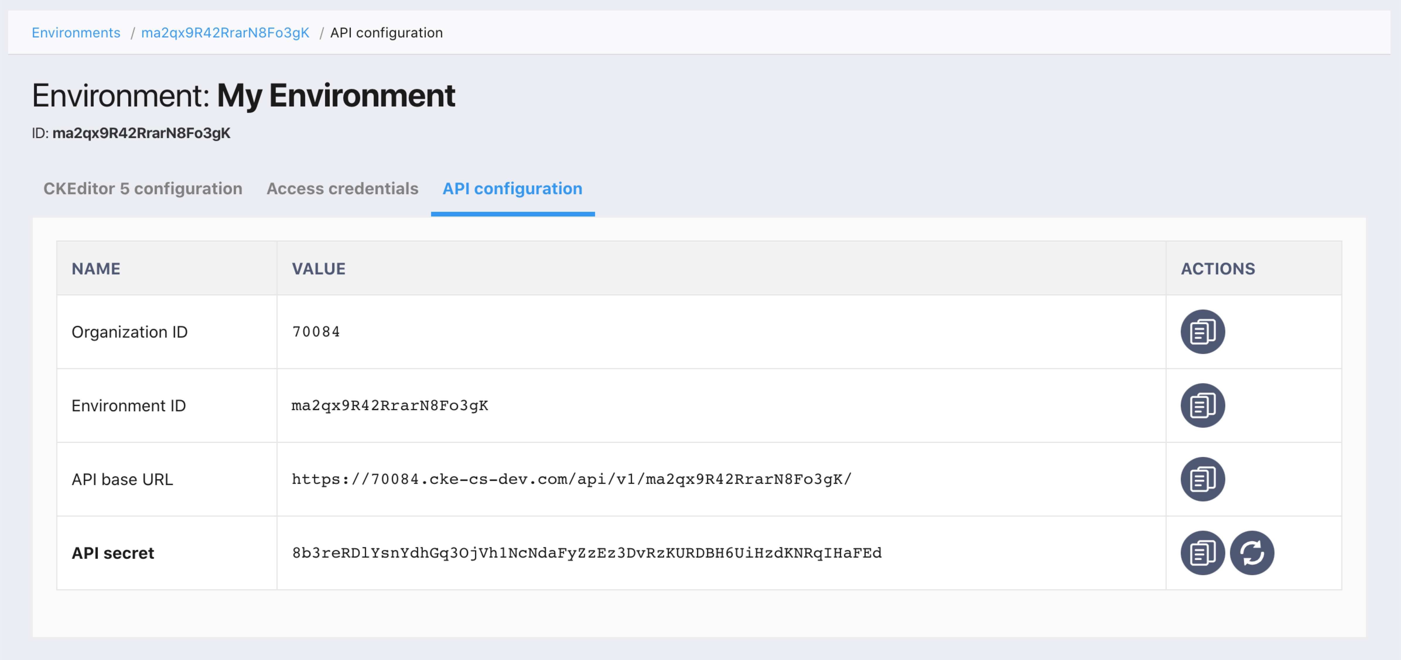 The API configuration section with the newly created API secret displayed.