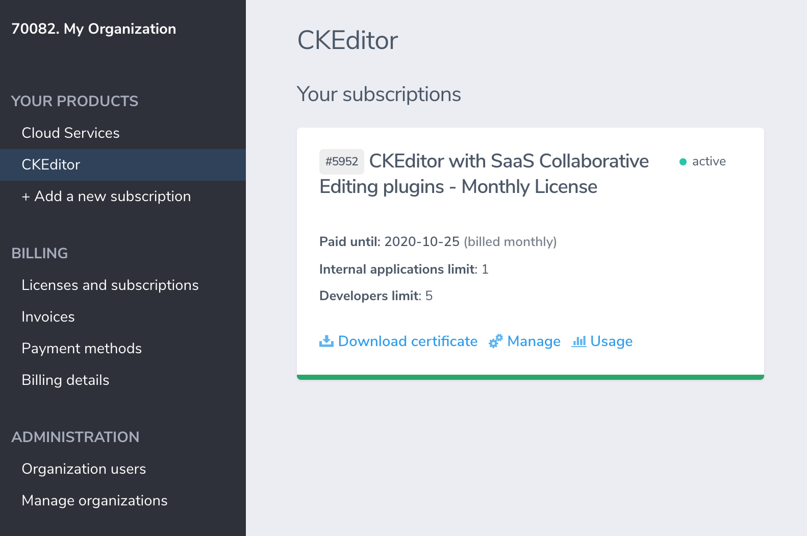 Your products view in the CKEditor Ecosystem customer dashboard.