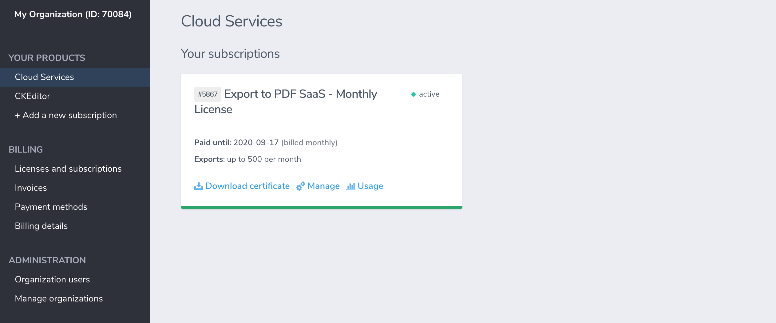 Export to PDF subscription management.