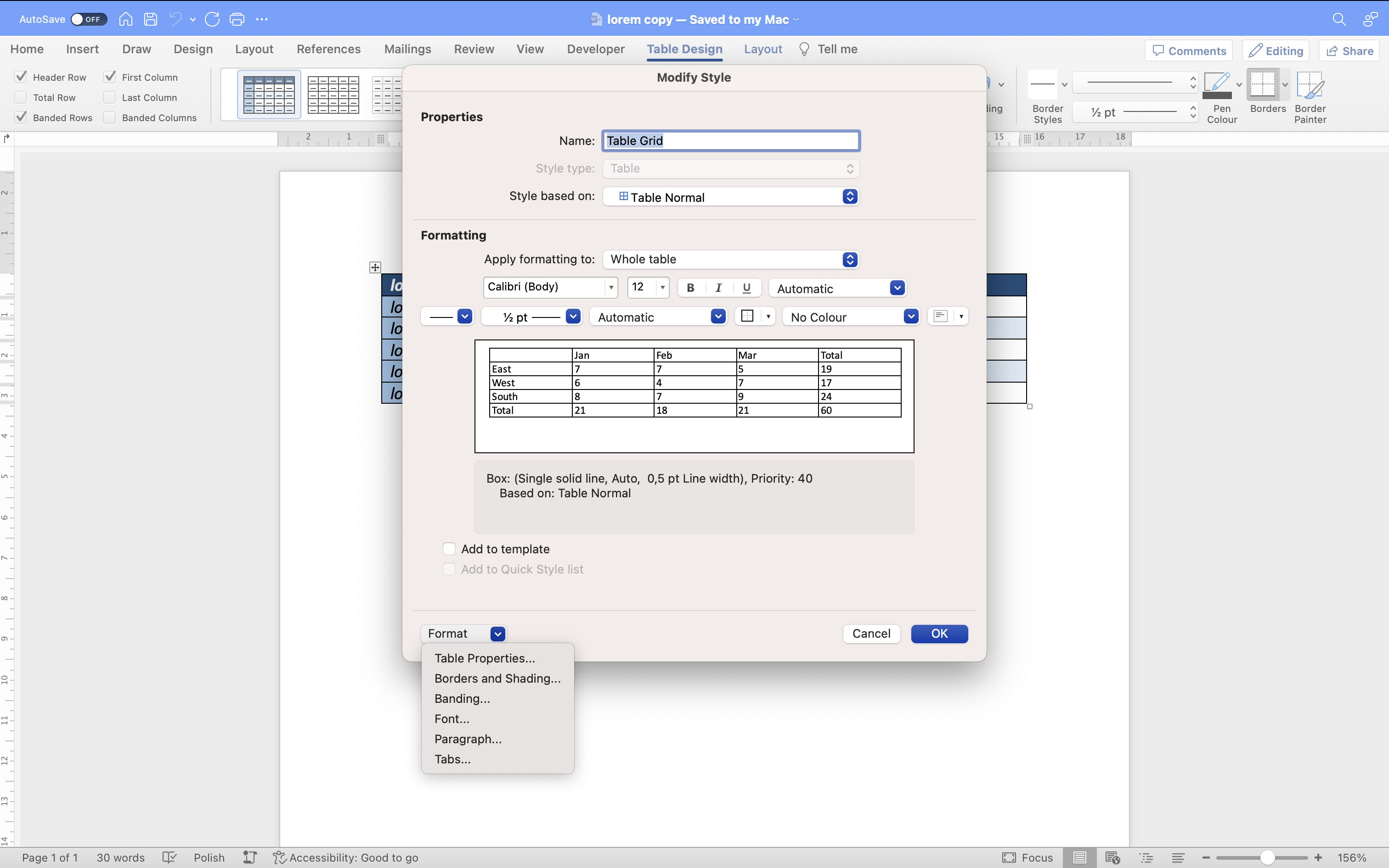 The Create New Style from Formatting dialog box with the Format dropdown expanded.