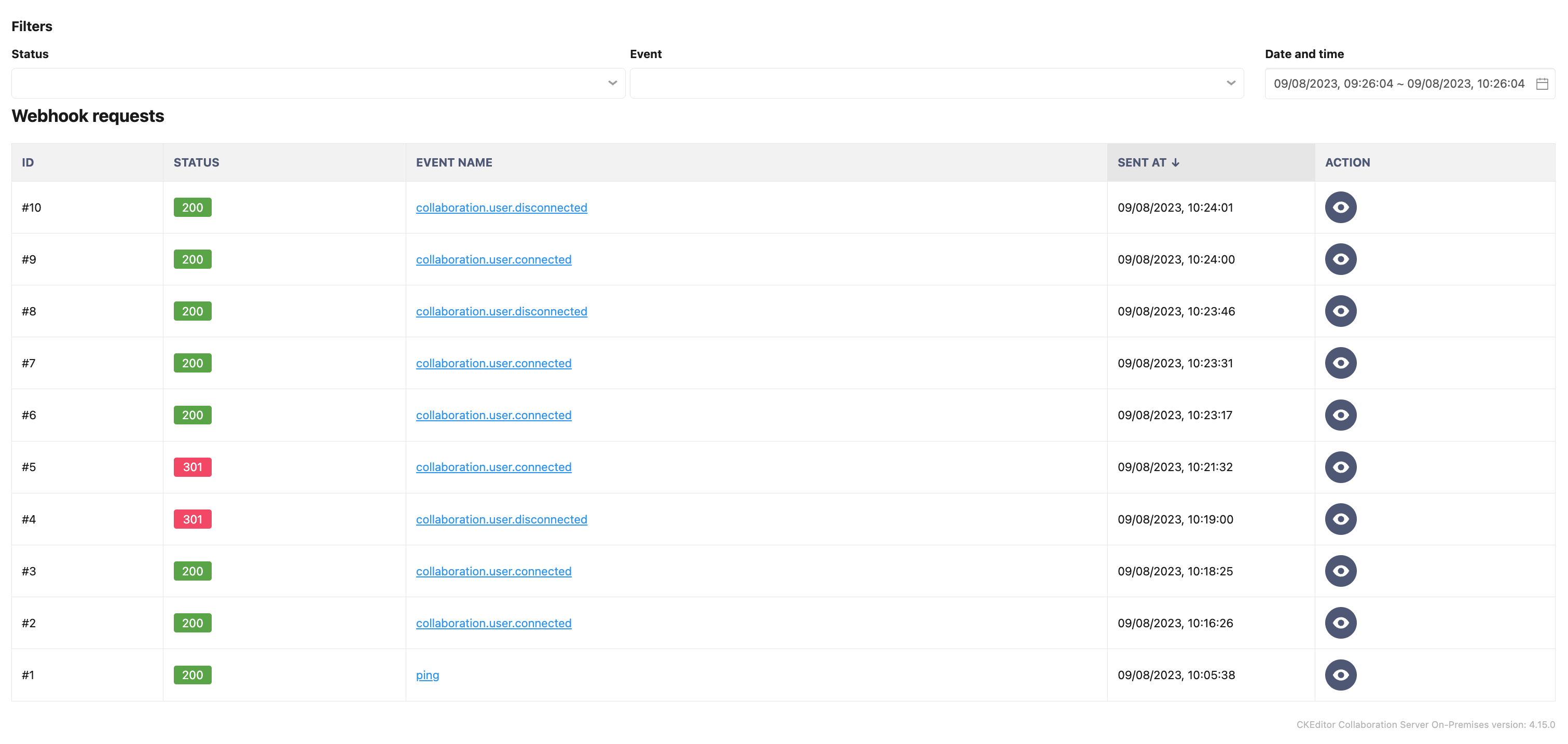 Webhook’s requests list in the CKEditor Ecosystem customer dashboard.