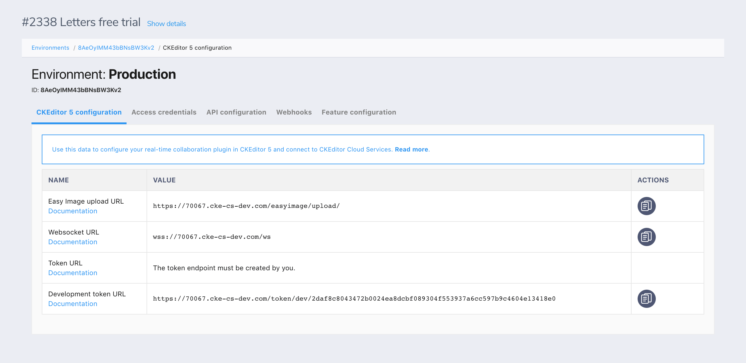 CKEditor 5 Configuration with the development token URL.
